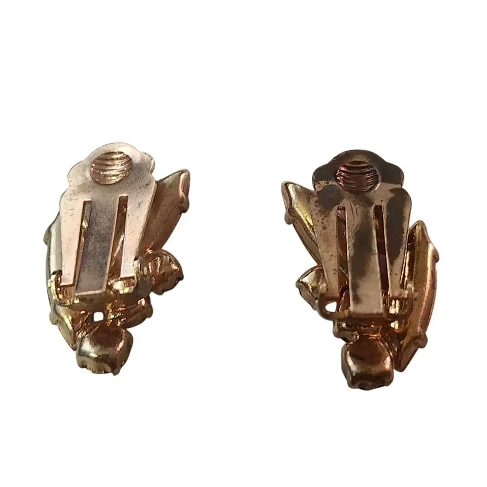 Vintage Austrian Pink Navette Rhinestone Demi Parure Brooch Clip Earrings